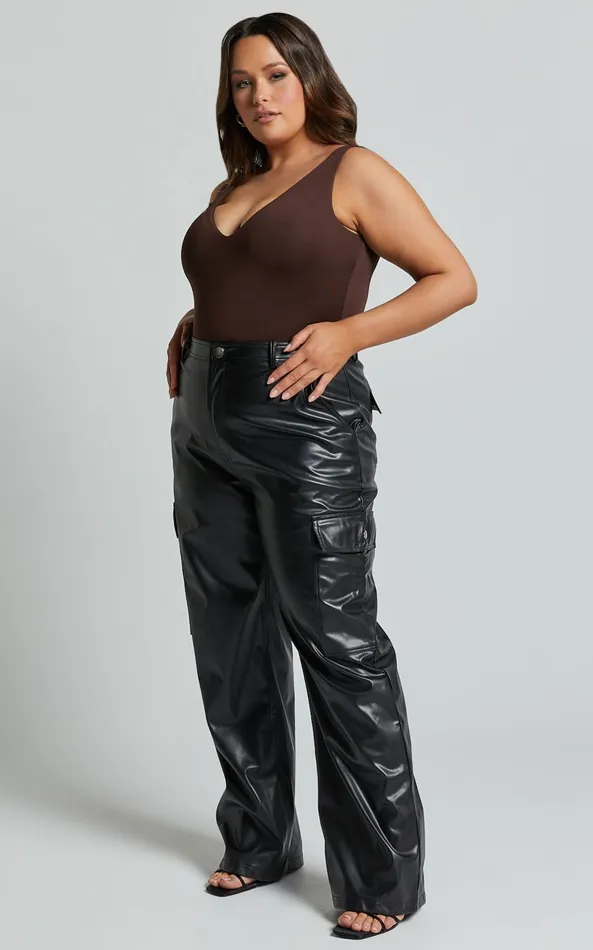 Showpo Elviera Pants 8211 High Waisted Faux Leather Cargo Pants In Black Women Curve Clothes