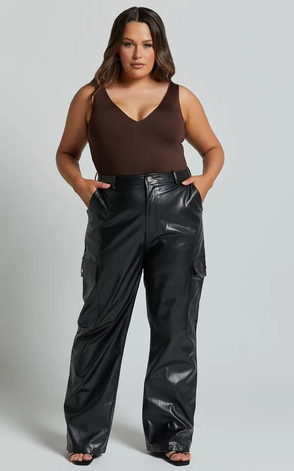 Showpo Elviera Pants 8211 High Waisted Faux Leather Cargo Pants In Black Women Curve Clothes