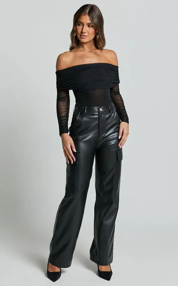Showpo Elviera Pants 8211 High Waisted Faux Leather Cargo Pants In Black Women Curve Clothes