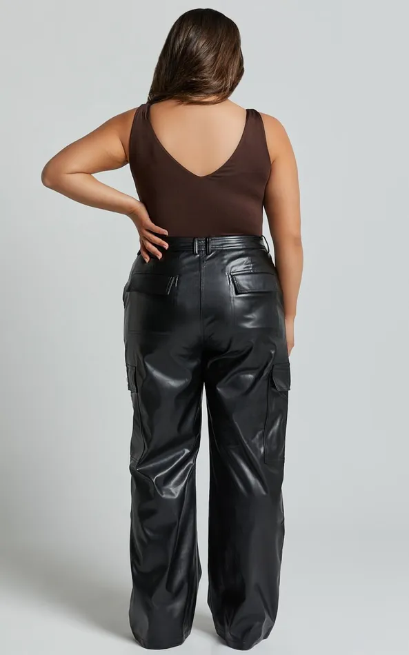 Showpo Elviera Pants 8211 High Waisted Faux Leather Cargo Pants In Black Women Curve Clothes