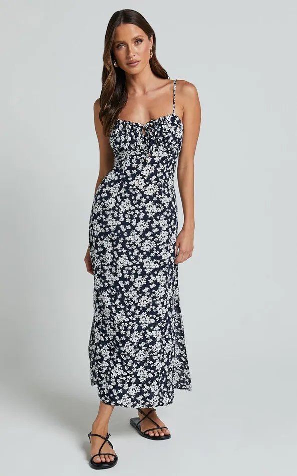Showpo Ely Midi Dress 8211 Strappy Ruched Bust Side Split Dress In Navy Floral Women Dresses Showpo Ely Midi Dress 8211 Strappy Ruched Bust Side Split Dress In Navy Floral Women Dresses