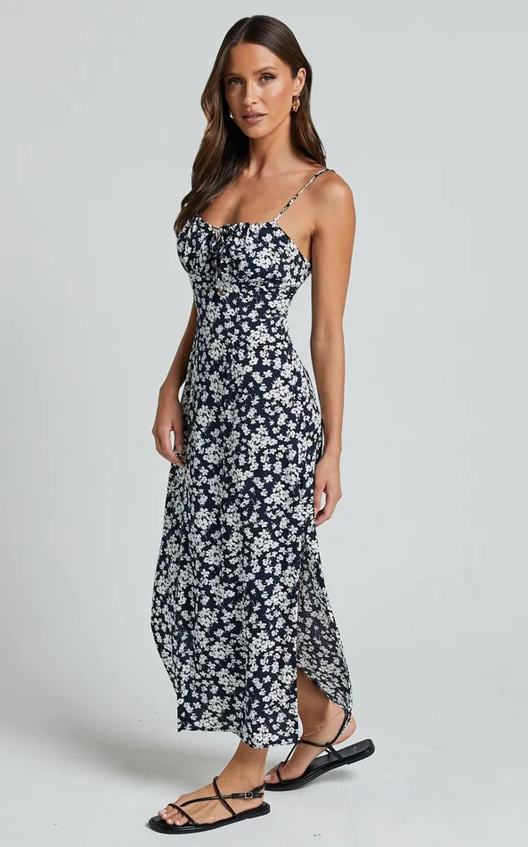 Showpo Ely Midi Dress 8211 Strappy Ruched Bust Side Split Dress In Navy Floral Women Dresses