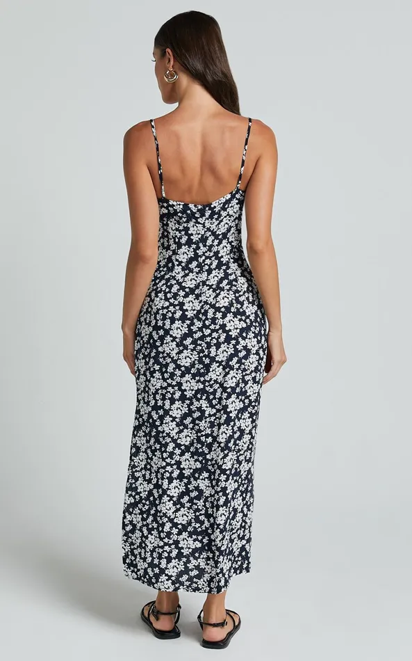 Showpo Ely Midi Dress 8211 Strappy Ruched Bust Side Split Dress In Navy Floral Women Dresses