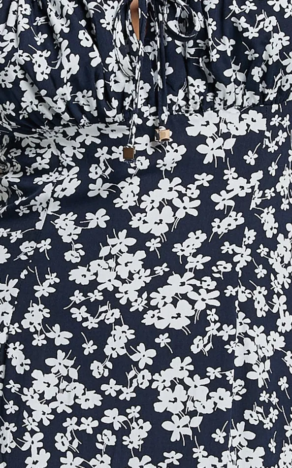 Showpo Ely Midi Dress 8211 Strappy Ruched Bust Side Split Dress In Navy Floral Women Dresses