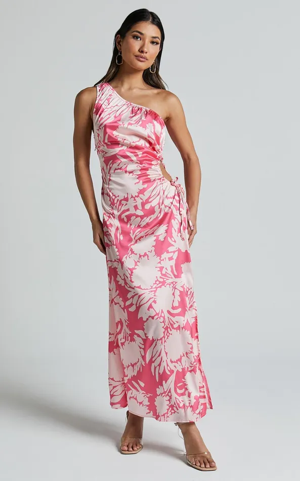 Showpo Elycia Midi Dress 8211 One Shoulder Side Cut Out Dress In Pink Floral Women Dresses