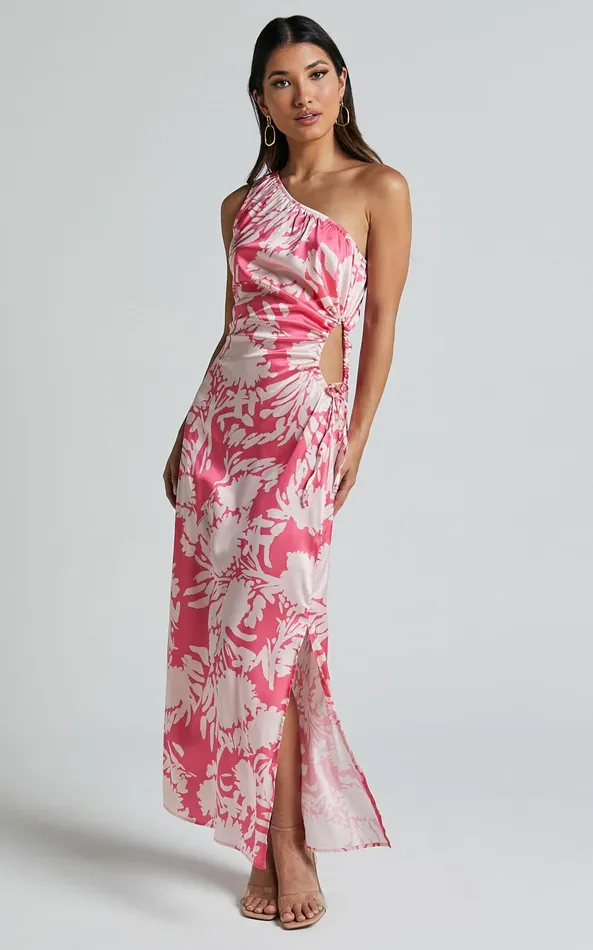 Showpo Elycia Midi Dress 8211 One Shoulder Side Cut Out Dress In Pink Floral Women Dresses