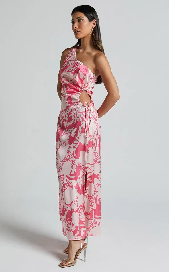 Showpo Elycia Midi Dress 8211 One Shoulder Side Cut Out Dress In Pink Floral Women Dresses
