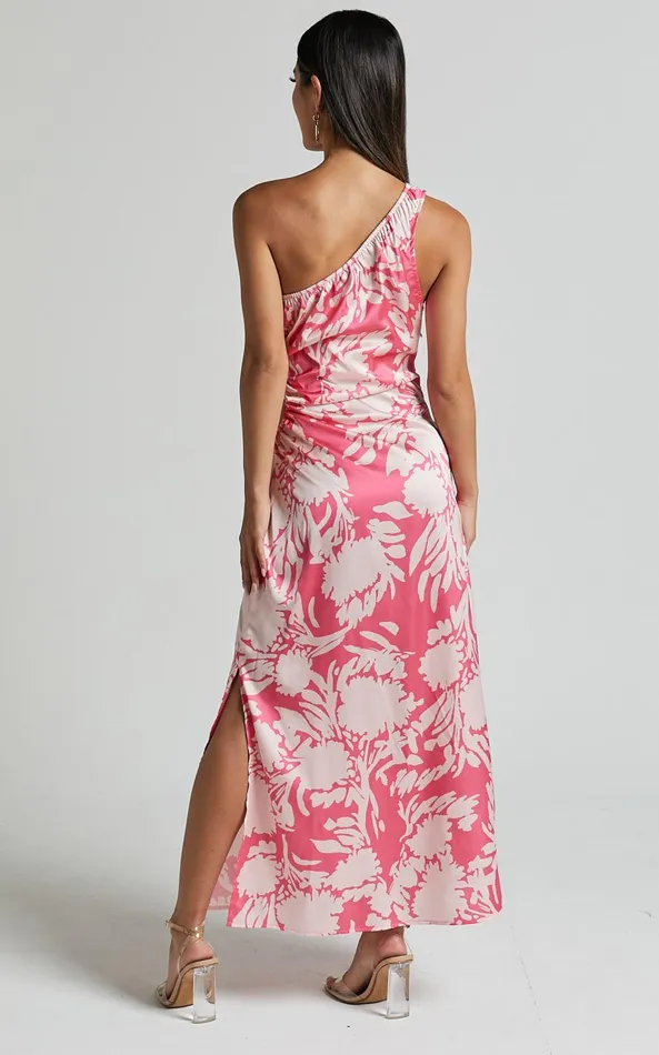 Showpo Elycia Midi Dress 8211 One Shoulder Side Cut Out Dress In Pink Floral Women Dresses