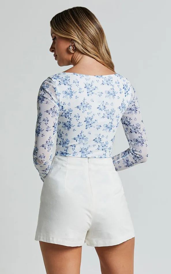 Showpo Emae Bodysuit 8211 Long Sleeve Sweetheart Mesh Bodysuit In Blue Floral Women Tops