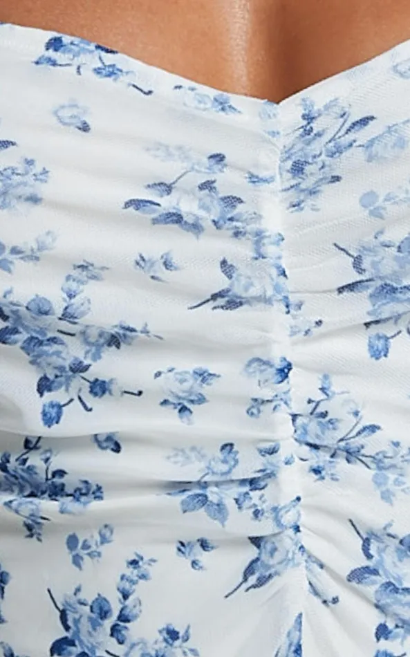 Showpo Emae Bodysuit 8211 Long Sleeve Sweetheart Mesh Bodysuit In Blue Floral Women Tops