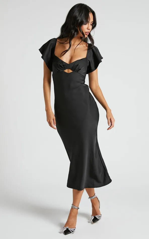 Showpo Emberlynn Midi Dress 8211 Flutter Sleeve Cut Out Satin Dress In Black Women Dresses Showpo Emberlynn Midi Dress 8211 Flutter Sleeve Cut Out Satin Dress In Black Women Dresses