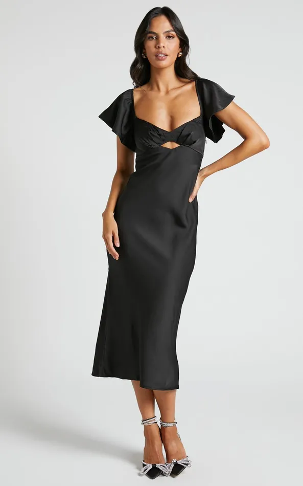 Showpo Emberlynn Midi Dress 8211 Flutter Sleeve Cut Out Satin Dress In Black Women Dresses