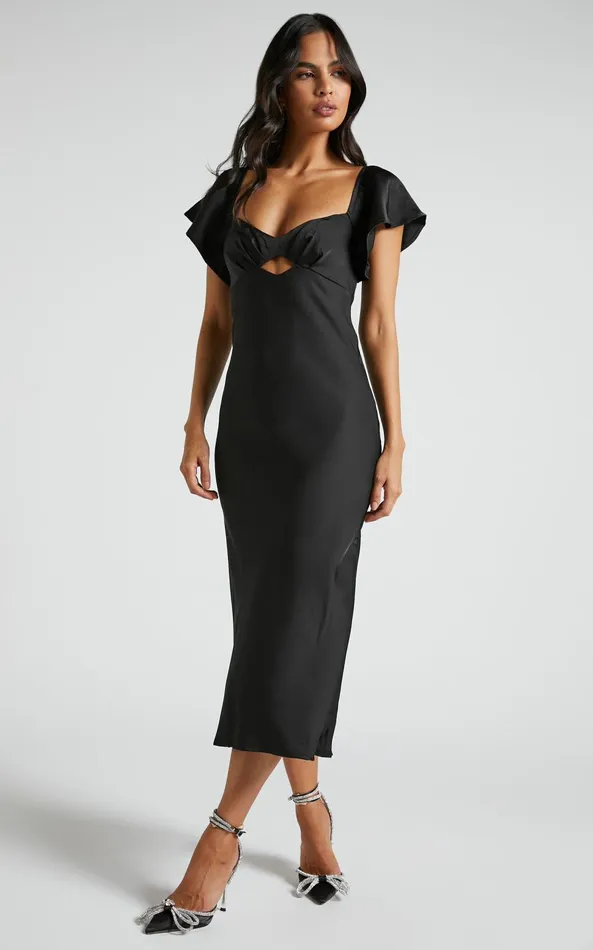 Showpo Emberlynn Midi Dress 8211 Flutter Sleeve Cut Out Satin Dress In Black Women Dresses