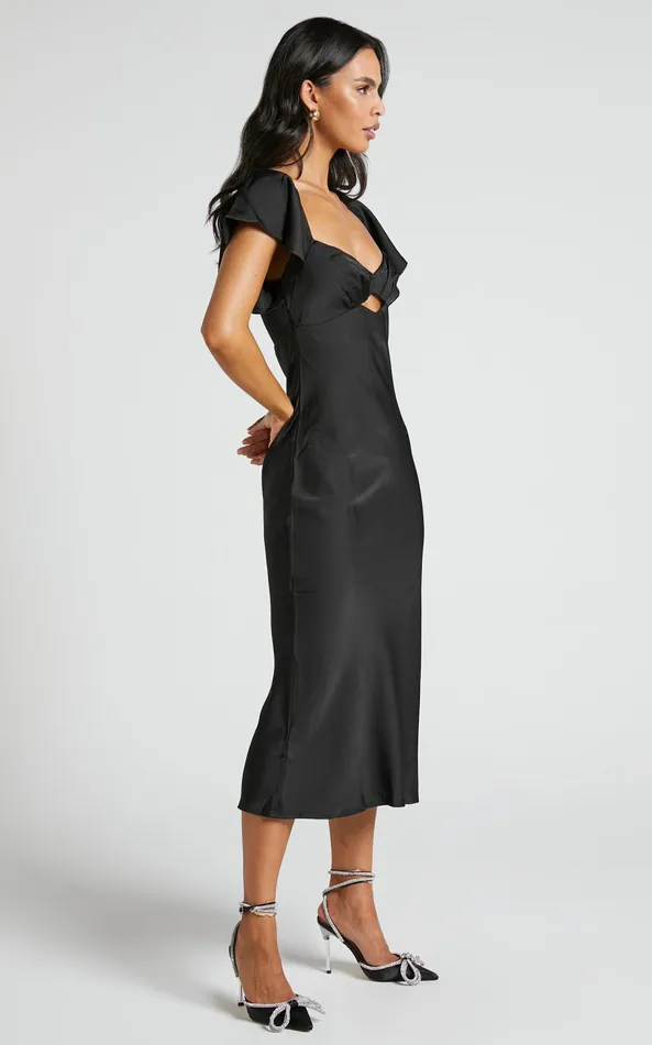 Showpo Emberlynn Midi Dress 8211 Flutter Sleeve Cut Out Satin Dress In Black Women Dresses