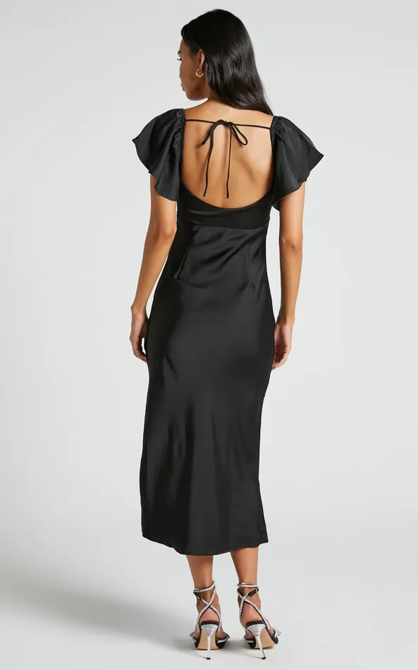 Showpo Emberlynn Midi Dress 8211 Flutter Sleeve Cut Out Satin Dress In Black Women Dresses