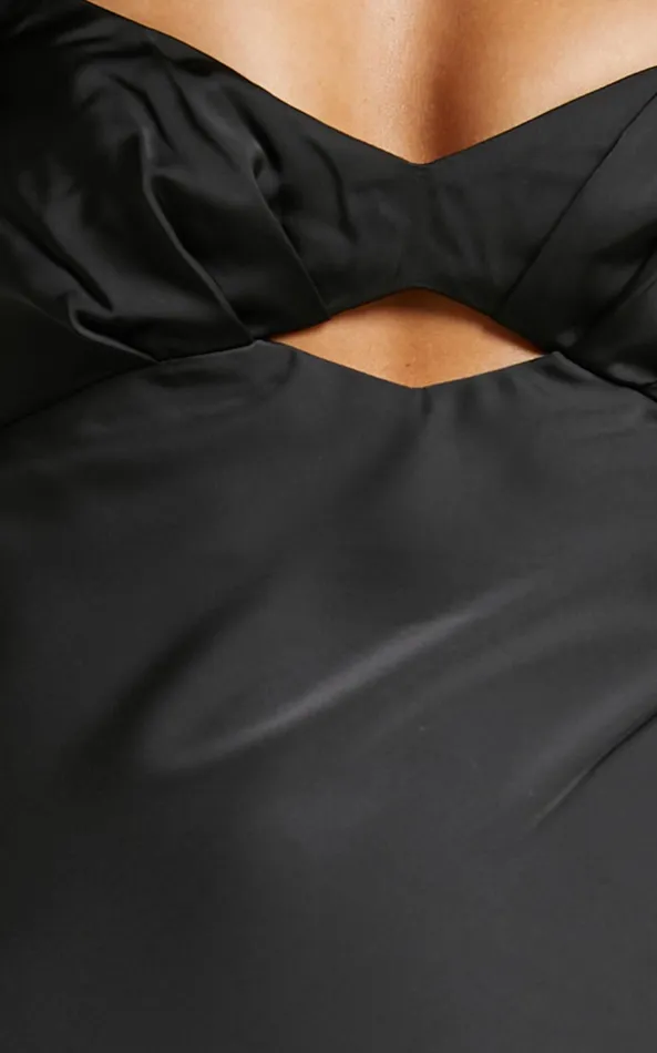 Showpo Emberlynn Midi Dress 8211 Flutter Sleeve Cut Out Satin Dress In Black Women Dresses