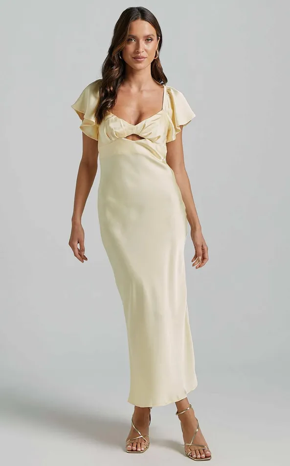 Showpo Emberlynn Midi Dress 8211 Flutter Sleeve Cut Out Satin Dress In Butter Yellow Women Dresses