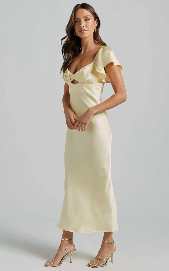 Showpo Emberlynn Midi Dress 8211 Flutter Sleeve Cut Out Satin Dress In Butter Yellow Women Dresses