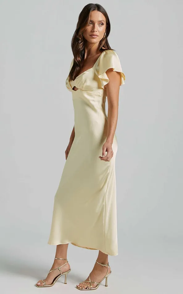Showpo Emberlynn Midi Dress 8211 Flutter Sleeve Cut Out Satin Dress In Butter Yellow Women Dresses