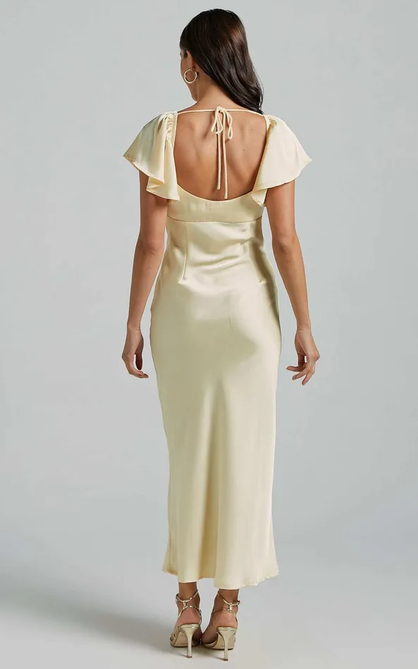 Showpo Emberlynn Midi Dress 8211 Flutter Sleeve Cut Out Satin Dress In Butter Yellow Women Dresses