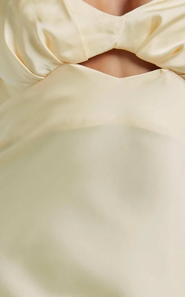 Showpo Emberlynn Midi Dress 8211 Flutter Sleeve Cut Out Satin Dress In Butter Yellow Women Dresses