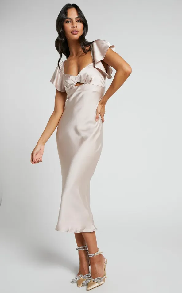 Showpo Emberlynn Midi Dress 8211 Flutter Sleeve Cut Out Satin Dress In Champagne Women Dresses