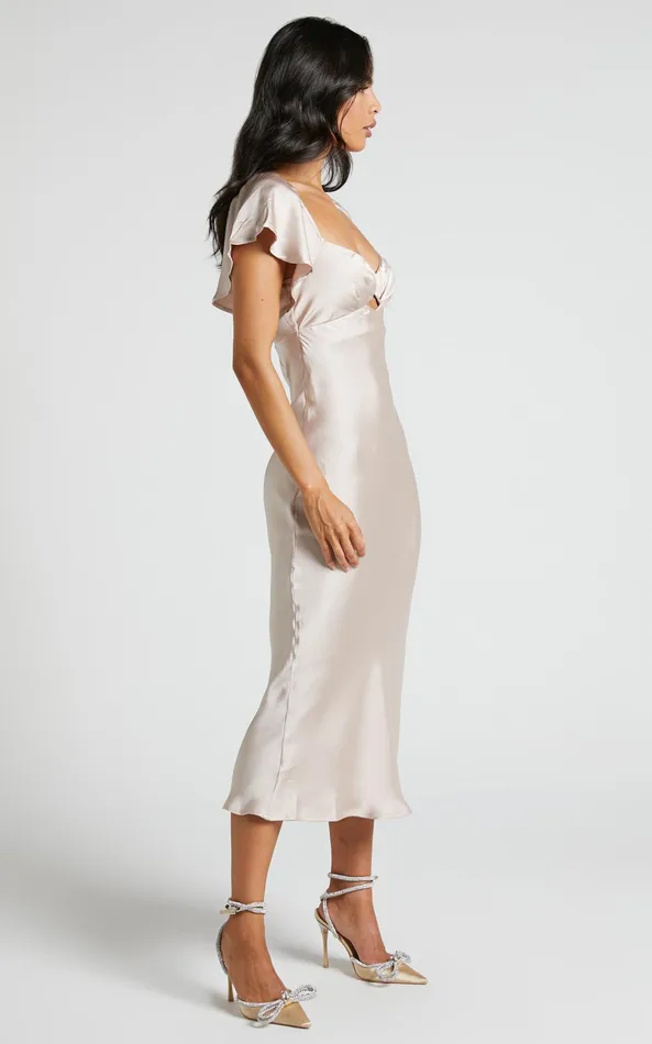 Showpo Emberlynn Midi Dress 8211 Flutter Sleeve Cut Out Satin Dress In Champagne Women Dresses