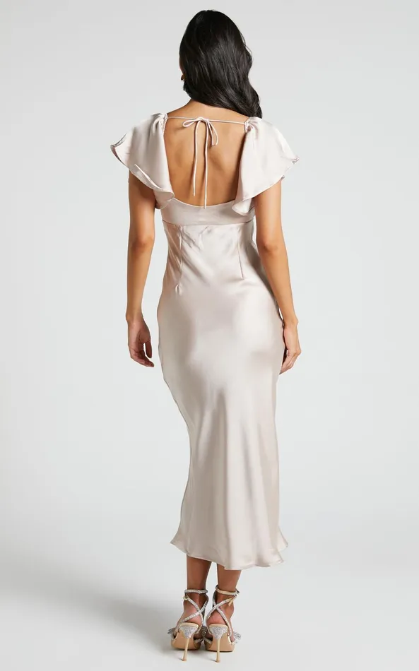 Showpo Emberlynn Midi Dress 8211 Flutter Sleeve Cut Out Satin Dress In Champagne Women Dresses