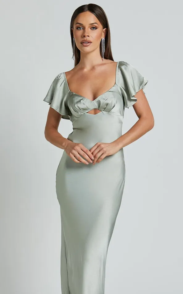 Showpo Emberlynn Midi Dress 8211 Flutter Sleeve Cut Out Satin Dress In Sage Women Dresses