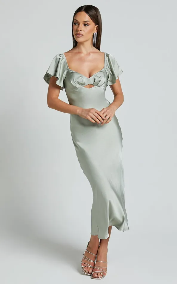 Showpo Emberlynn Midi Dress 8211 Flutter Sleeve Cut Out Satin Dress In Sage Women Dresses