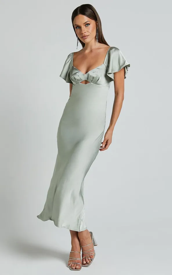 Showpo Emberlynn Midi Dress 8211 Flutter Sleeve Cut Out Satin Dress In Sage Women Dresses