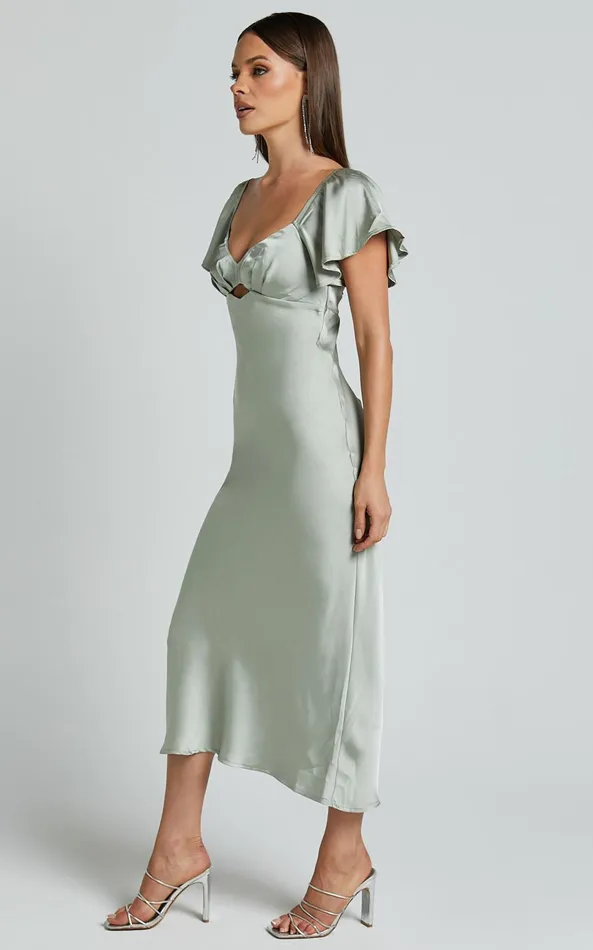 Showpo Emberlynn Midi Dress 8211 Flutter Sleeve Cut Out Satin Dress In Sage Women Dresses