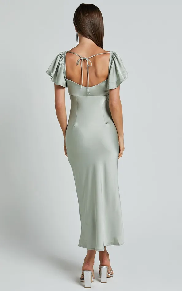 Showpo Emberlynn Midi Dress 8211 Flutter Sleeve Cut Out Satin Dress In Sage Women Dresses