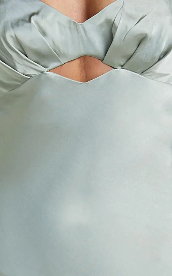 Showpo Emberlynn Midi Dress 8211 Flutter Sleeve Cut Out Satin Dress In Sage Women Dresses