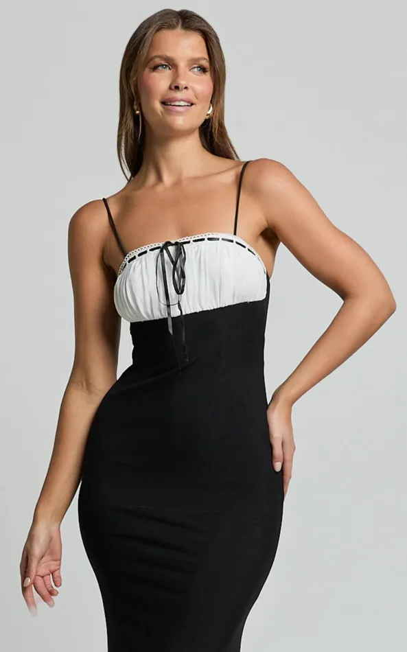 Showpo Emelia Midi Dress 8211 Strappy Straight Neck Ruched Bust Dress In Black Women Dresses