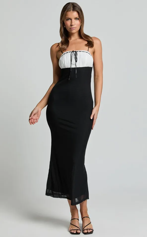 Showpo Emelia Midi Dress 8211 Strappy Straight Neck Ruched Bust Dress In Black Women Dresses
