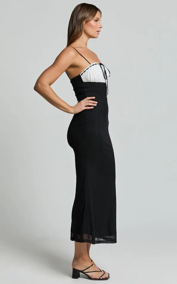 Showpo Emelia Midi Dress 8211 Strappy Straight Neck Ruched Bust Dress In Black Women Dresses