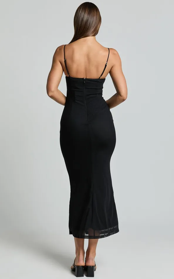 Showpo Emelia Midi Dress 8211 Strappy Straight Neck Ruched Bust Dress In Black Women Dresses