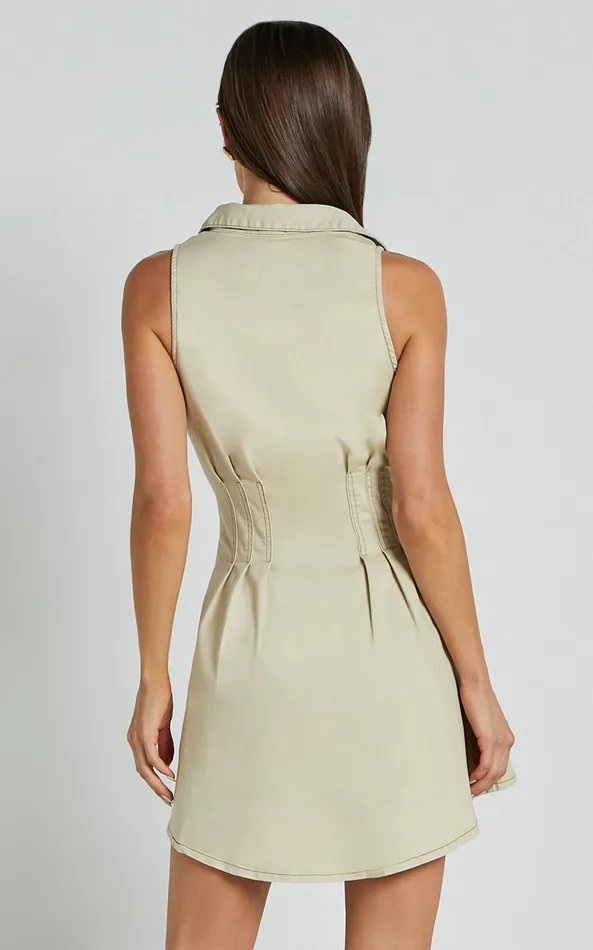 Showpo Emelia Mini Dress 8211 Denim Sleeveless Button Down Cinch Waist Detail Dress In Natural Women Dresses