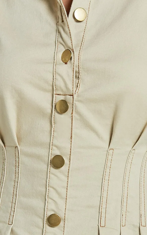 Showpo Emelia Mini Dress 8211 Denim Sleeveless Button Down Cinch Waist Detail Dress In Natural Women Dresses