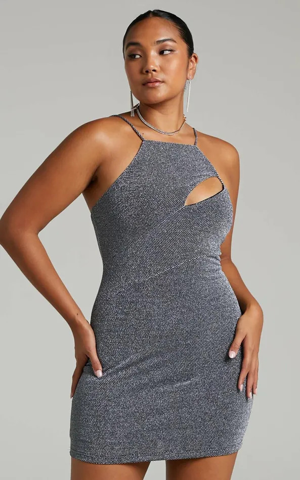 Showpo Emeraude Mini Dress 8211 Split Bust Lurex Dress In Black And Silver Women Dresses