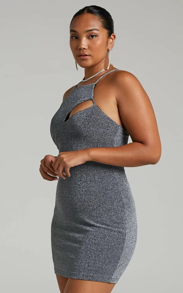 Showpo Emeraude Mini Dress 8211 Split Bust Lurex Dress In Black And Silver Women Dresses