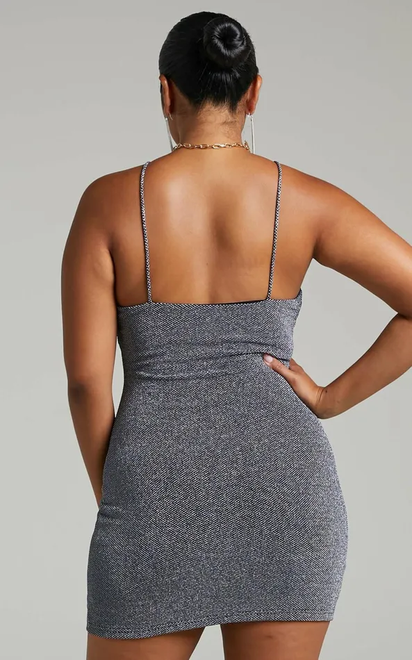 Showpo Emeraude Mini Dress 8211 Split Bust Lurex Dress In Black And Silver Women Dresses