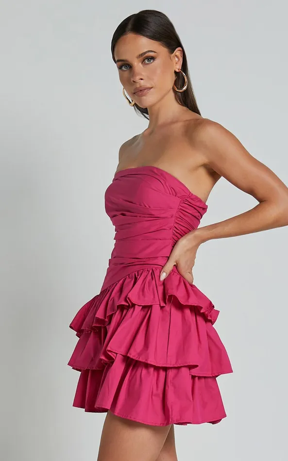 Showpo Emerie Mini Dress 8211 Strapless Ruffle Skirt Dress In Pink Women Dresses