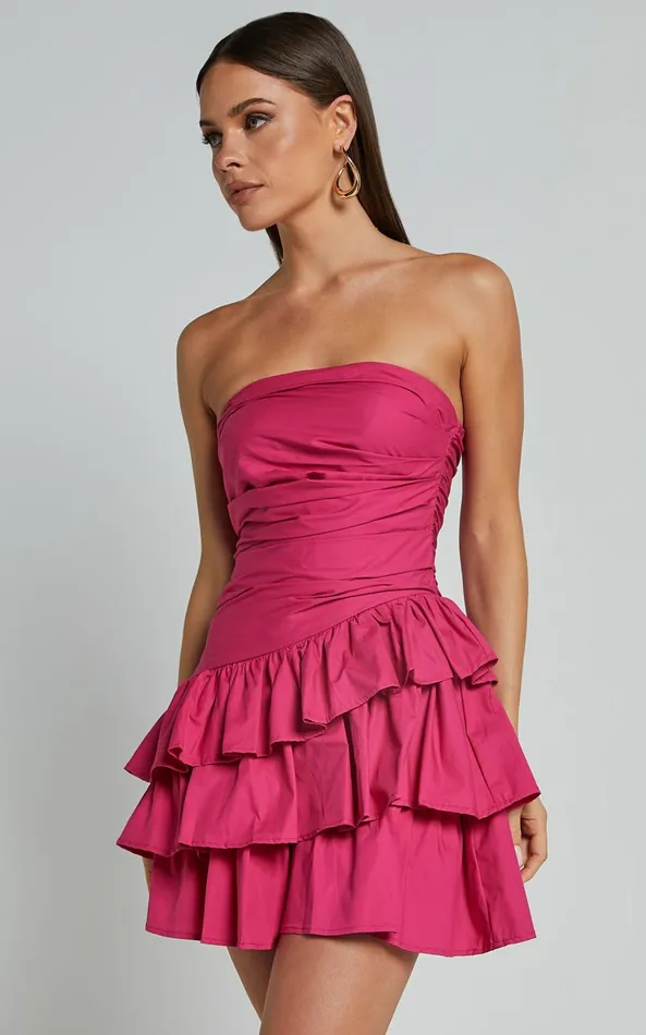 Showpo Emerie Mini Dress 8211 Strapless Ruffle Skirt Dress In Pink Women Dresses