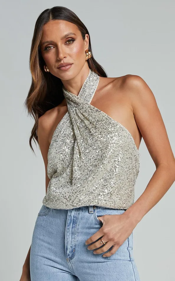 Showpo Emersyn Top 8211 Twist Halter Neck In Champagne Women Tops