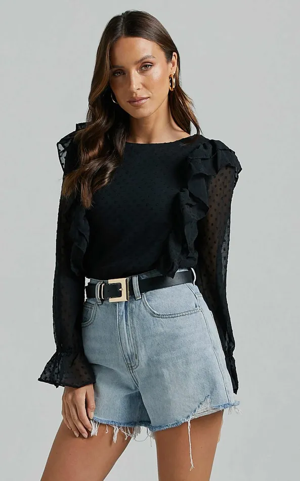 Showpo Emielene Top 8211 Ruffle Scoop Neck Long Sleeve Top In Black Women Tops Showpo Emielene Top 8211 Ruffle Scoop Neck Long Sleeve Top In Black Women Tops