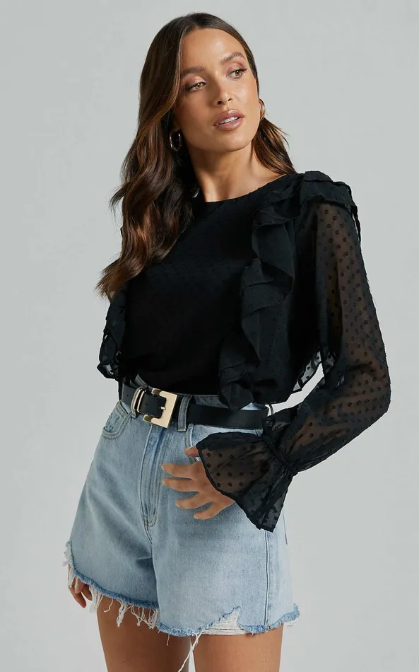 Showpo Emielene Top 8211 Ruffle Scoop Neck Long Sleeve Top In Black Women Tops Showpo Emielene Top 8211 Ruffle Scoop Neck Long Sleeve Top In Black Women Tops
