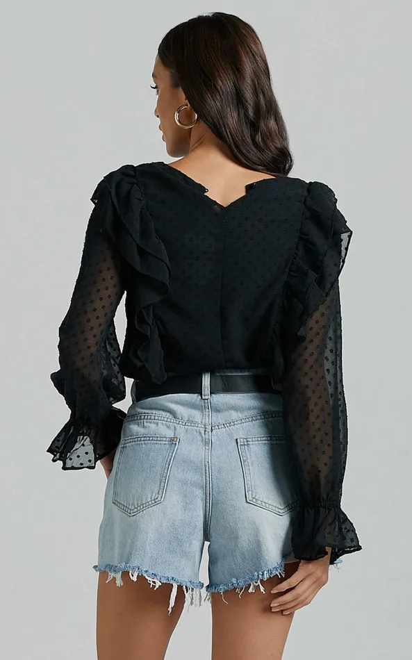 Showpo Emielene Top 8211 Ruffle Scoop Neck Long Sleeve Top In Black Women Tops Showpo Emielene Top 8211 Ruffle Scoop Neck Long Sleeve Top In Black Women Tops