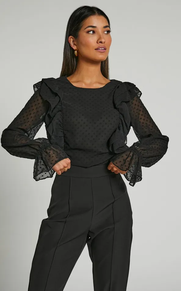 Showpo Emielene Top 8211 Ruffle Scoop Neck Long Sleeve Top In Black Women Tops Showpo Emielene Top 8211 Ruffle Scoop Neck Long Sleeve Top In Black Women Tops